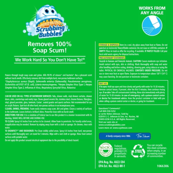 Scrubbing Bubbles Bathroom Grime Fighter Disinfe Countant Cleaner Aerosol, Rainshower, 20 oz, 1 Counte - Image 8