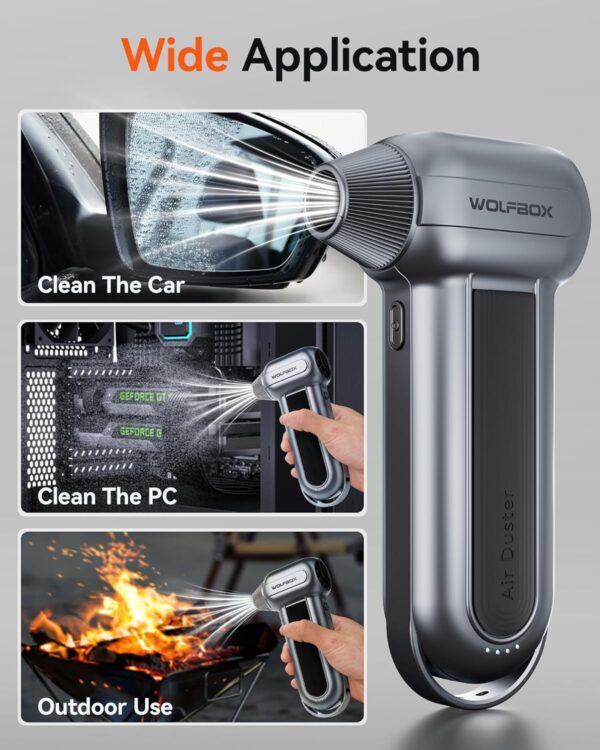 WOLFBOX MF100 Electric Air Duster-150000RPM Super Power Cordless Air Duster, Rechargeable Brushless Motor Durable Blower, 3-Gear Adjustable Dust Blower for Computer, Keyboard, Outdoor, House and Car - Image 2
