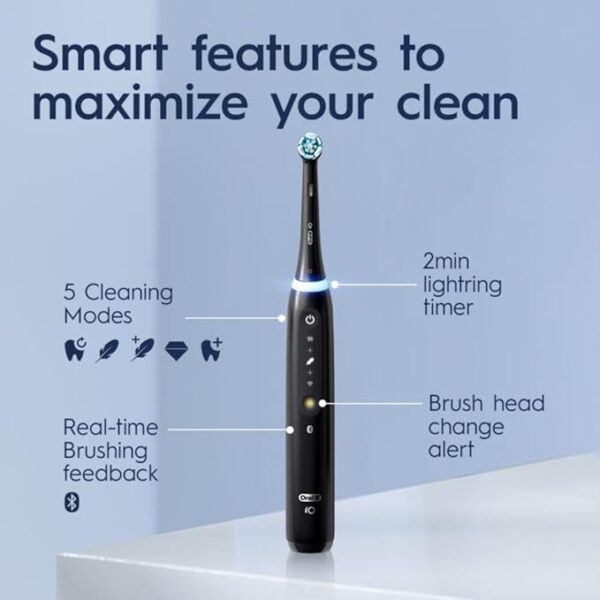 Oral-B iO Deep Clean + Whiten Rechargeable Electric Toothbrush with Visible Pressure Sensor, 2 Minute Timer, 5 Cleaning Settings, 1 iO5 Limited, 3 Toothbrush Heads, Travel Case & Refill Holder, Black - Image 5